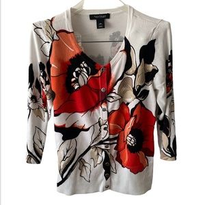 WHBM XS bold red floral on white cardigan